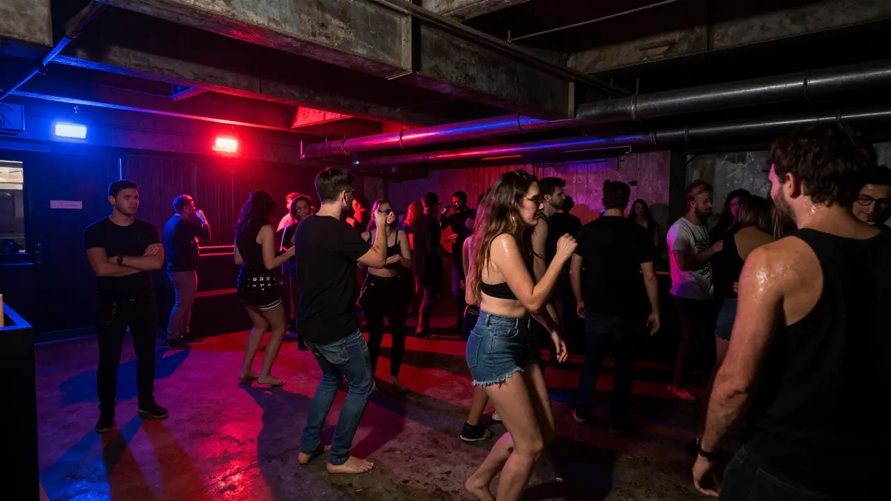 Crowd dancing in an underground Milan club with industrial vibes and pulsing colored lights.