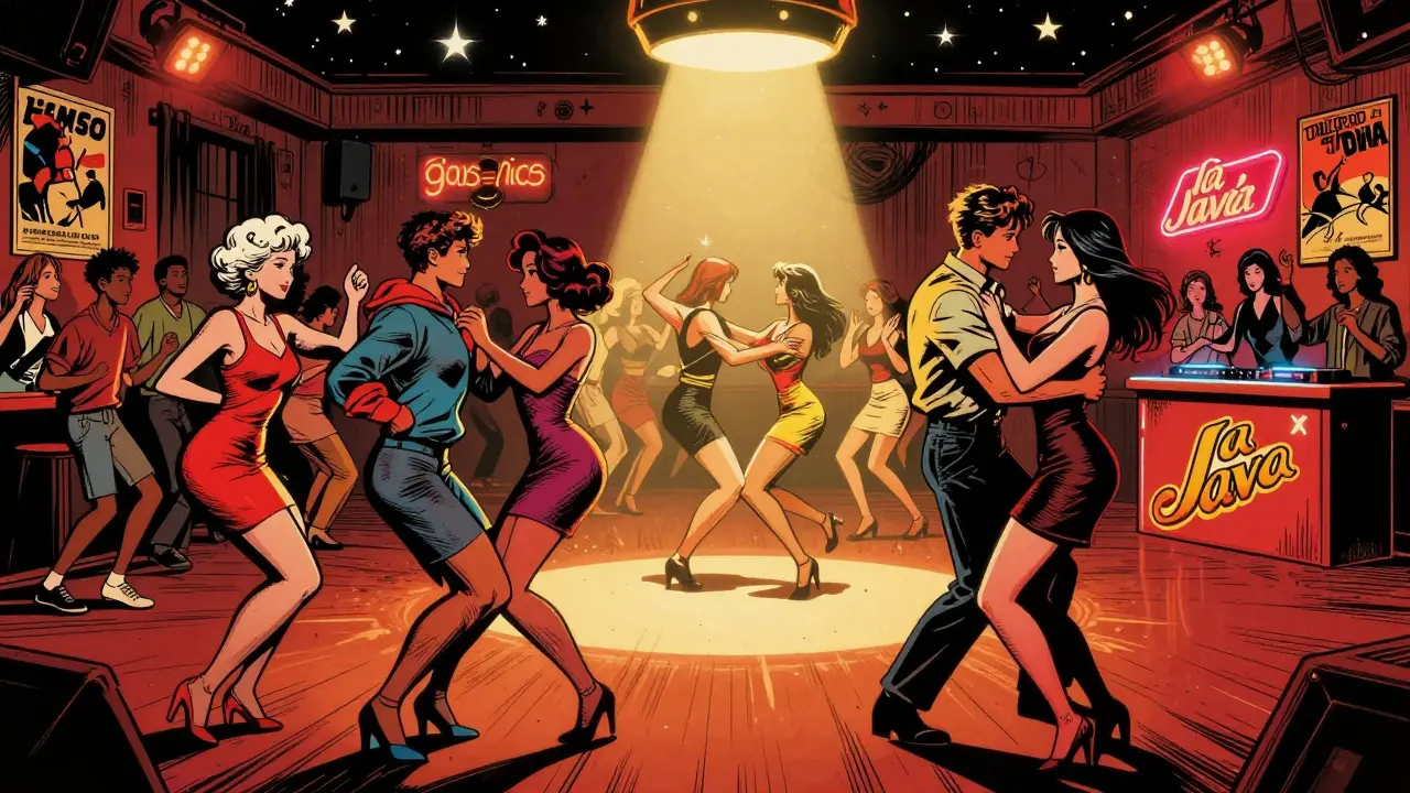 Crowd dancing wildly in a historic ballroom with star-painted ceiling and vintage posters under neon lights.