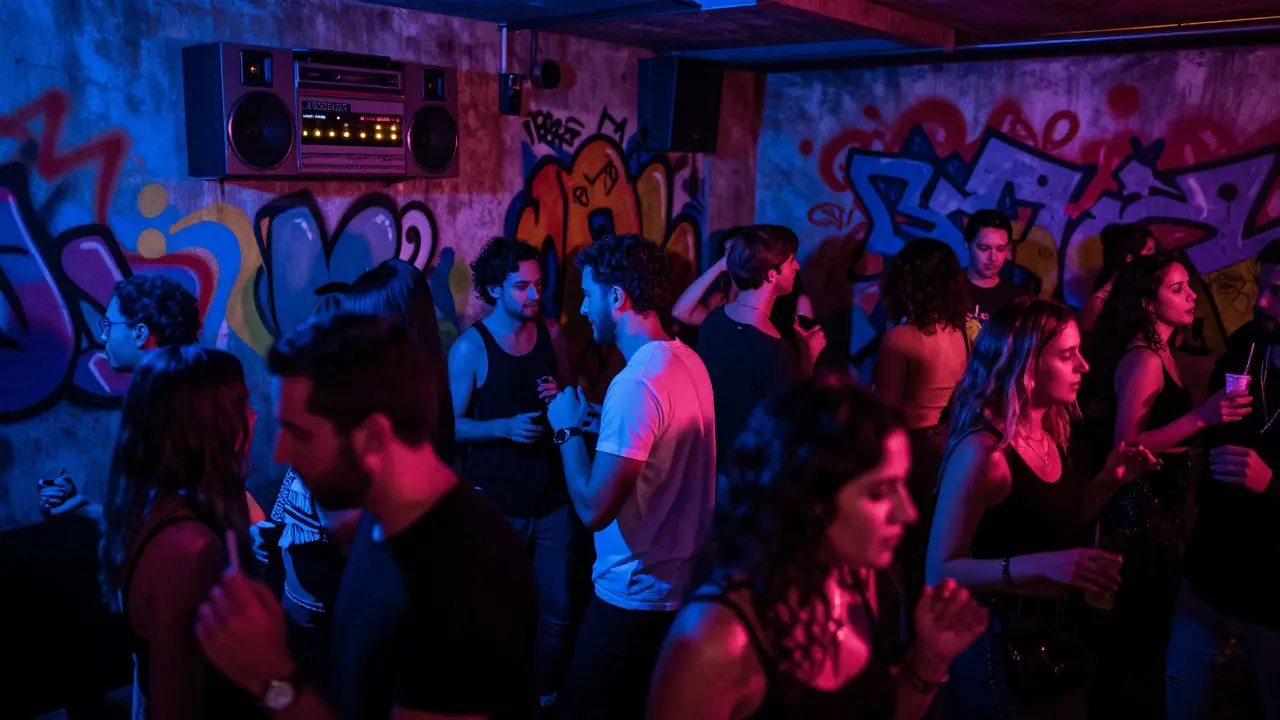Dancers in a hidden warehouse club under colorful graffiti lighting.
