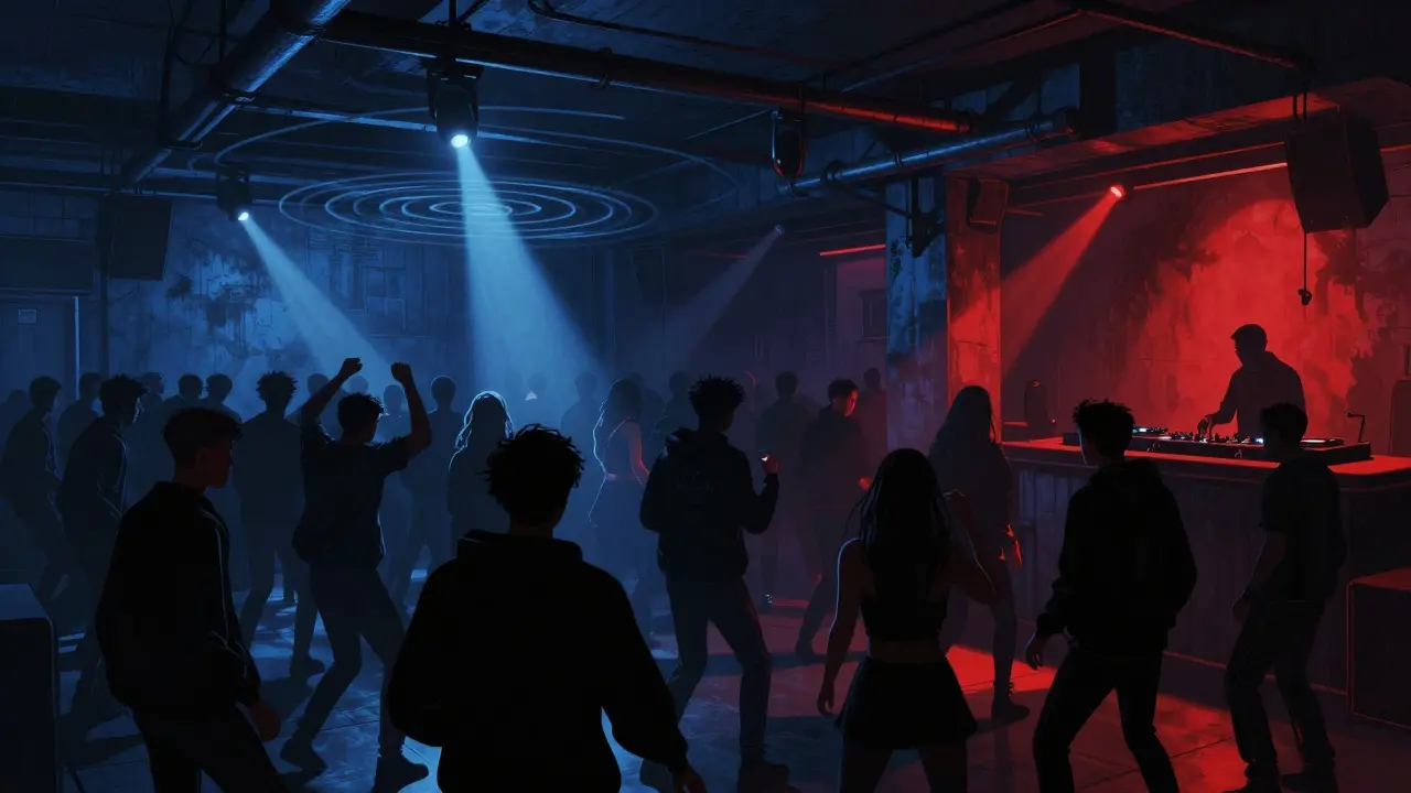 Dancers moving under pulsing lights in Fabric nightclub, raw concrete walls and no phones, deep indigo and crimson lighting.