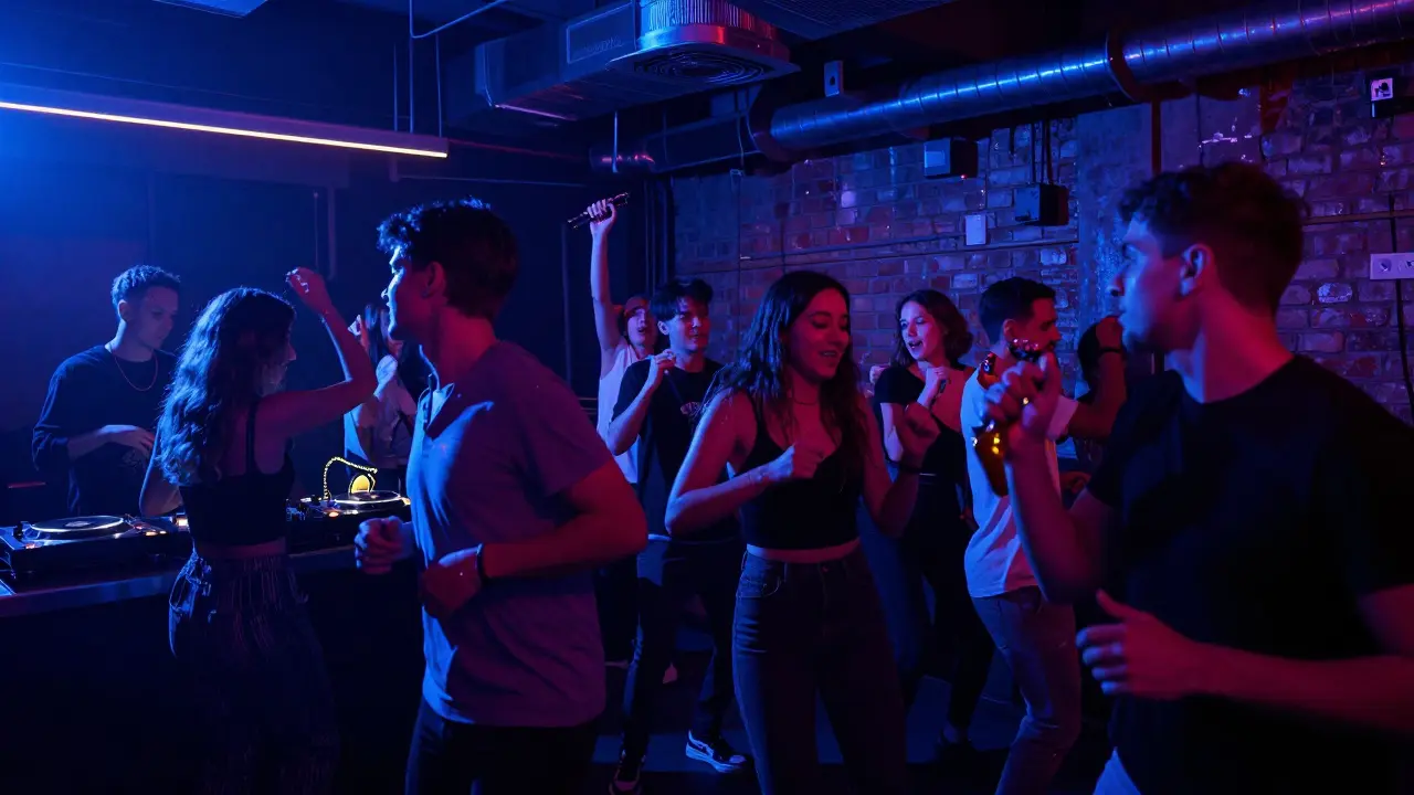 Diverse crowd dancing in a dim, industrial nightclub with strobing lights and vintage turntables.