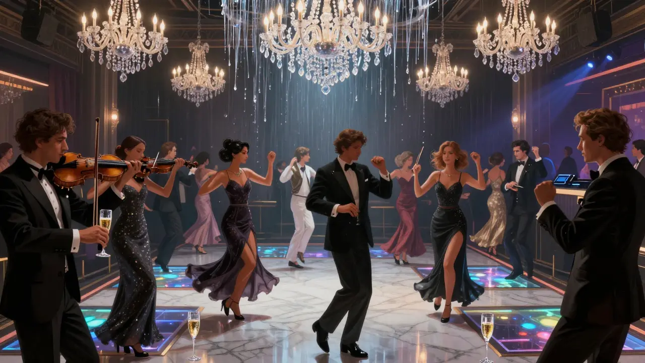 Elegantly dressed guests dancing at Cote 36 nightclub under crystal chandeliers as a violinist performs live.