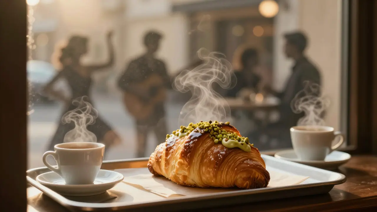 Golden morning light on a brioche at Pasticceria Marchesi, with fading silhouettes of night revelers in the steam.
