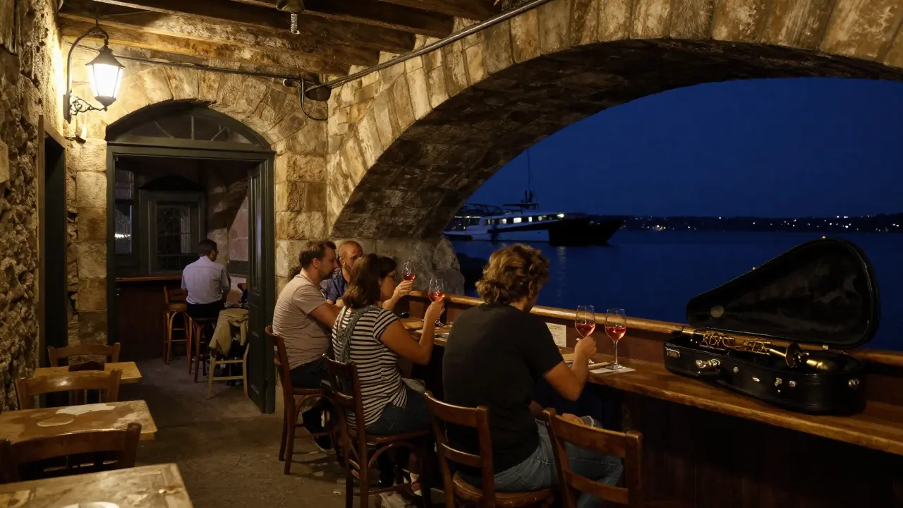 Hidden bar under a bridge in Monaco, locals sharing rosé by lantern light as a yacht passes the harbor.