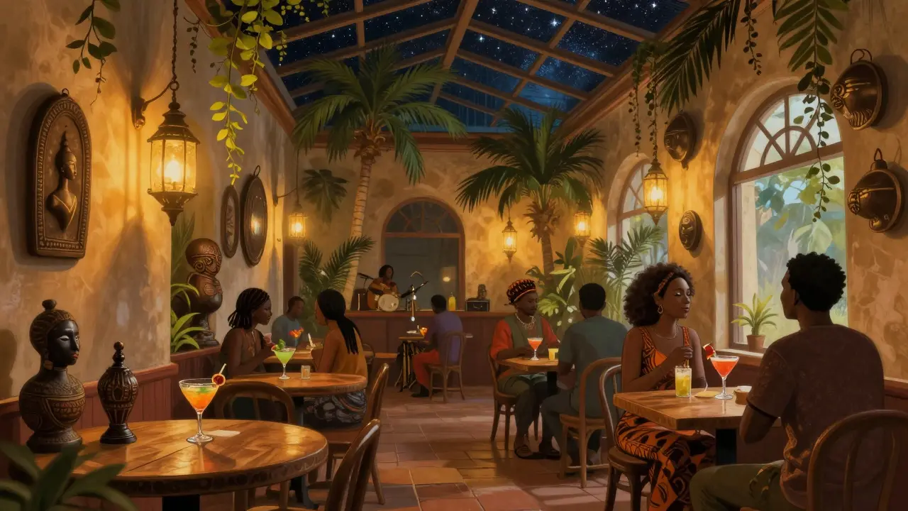 Interior of a vibrant bar with African artifacts, lanterns, and palm trees, patrons sipping drinks under a starry ceiling.