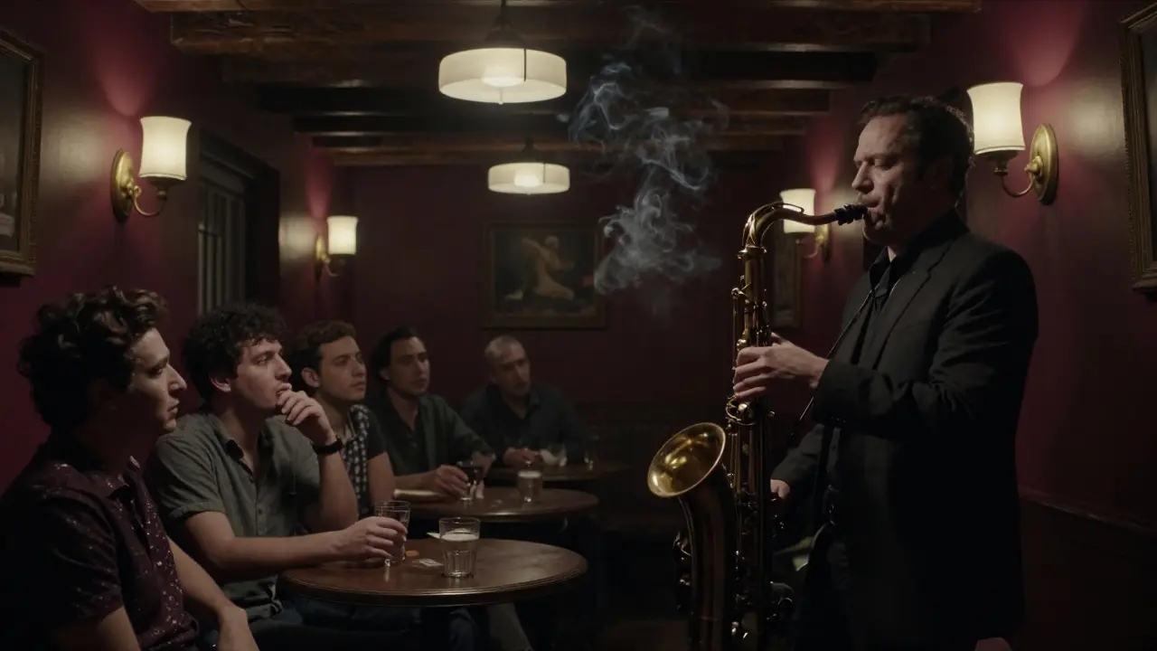 Intimate jazz club in an Ottoman house, musician playing saxophone under warm dim lighting.