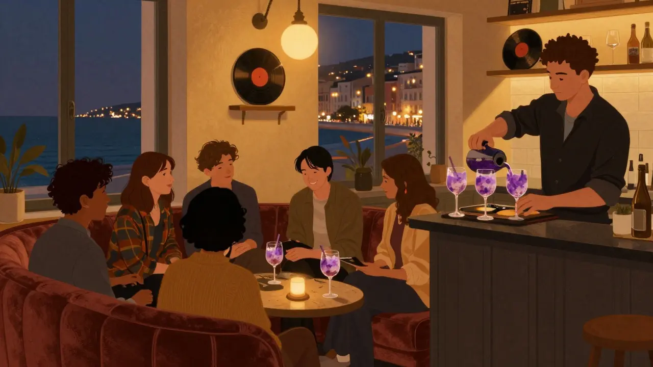 Intimate lounge at Le Rive Gauche with velvet couches, low lighting, and city lights reflecting off wine glasses.