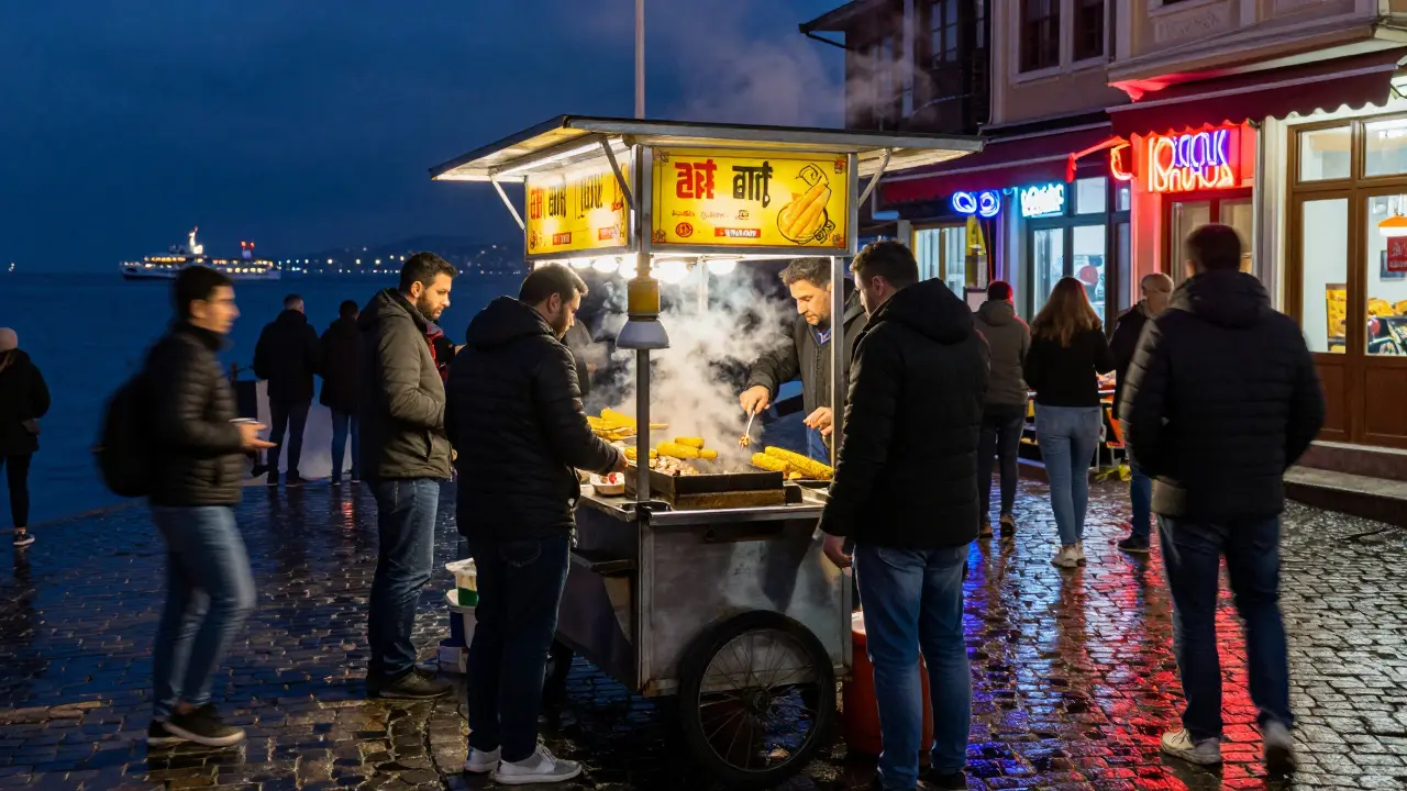 Late-night food stall in Kadıköy serving grilled mussels and corn, steam rising under neon signs.