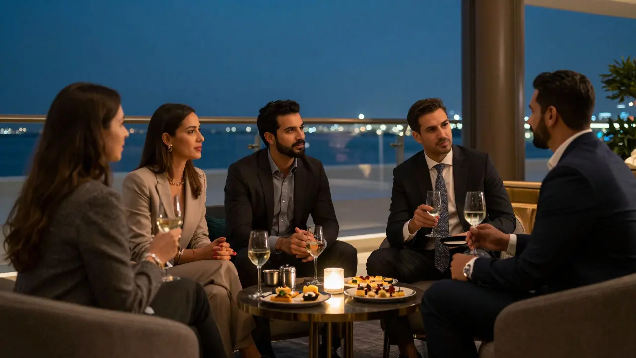 Professionals socializing elegantly in a luxury lounge in Al Maryah Island.