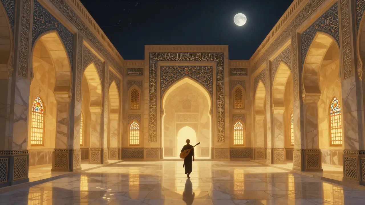 Qasr Al Watan illuminated at night, glowing Arabic calligraphy in grand halls, a solitary figure walking peacefully through the palace.