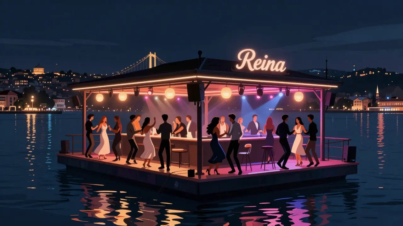 Reina nightclub floating on the Bosphorus at night, diverse patrons dancing under city lights with the Golden Horn glowing behind them.