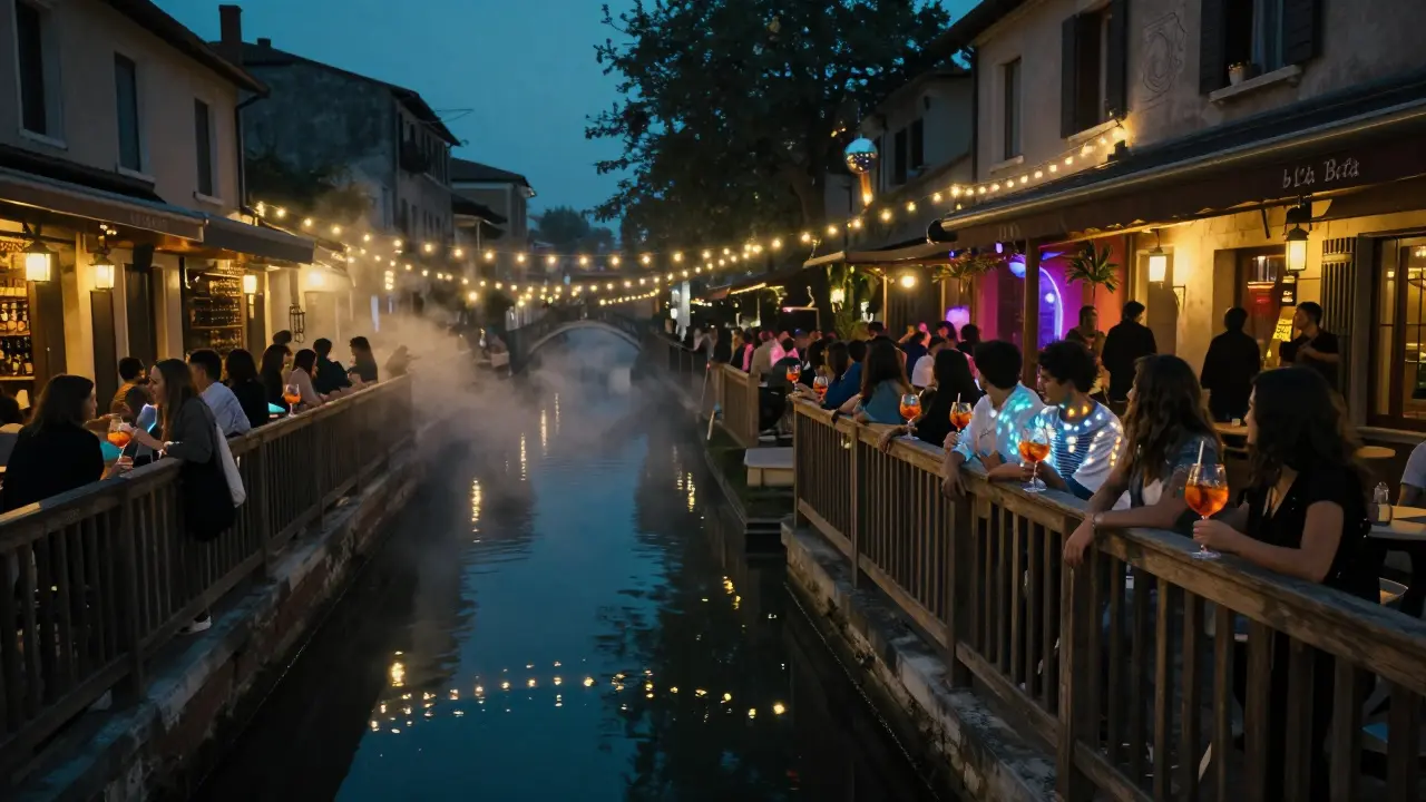 Riverside bars along Navigli canal glowing with string lights and people enjoying the night.