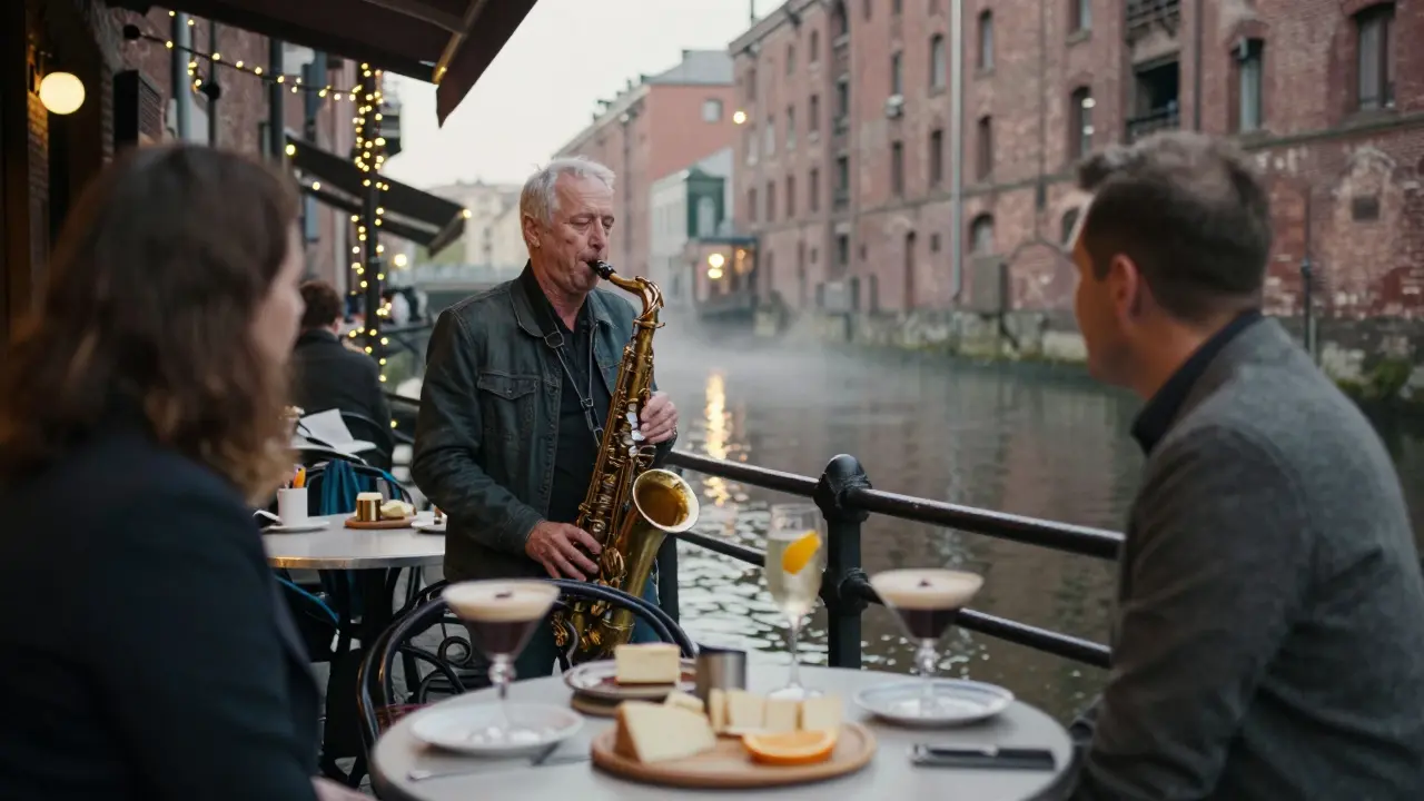 Sunday jazz brunch at a canal-side café with a saxophonist playing under string lights and patrons sipping martinis.