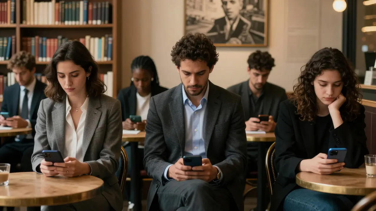 Three individuals in Parisian settings contemplating escort profiles on their phones, expressing thoughtful reflection.