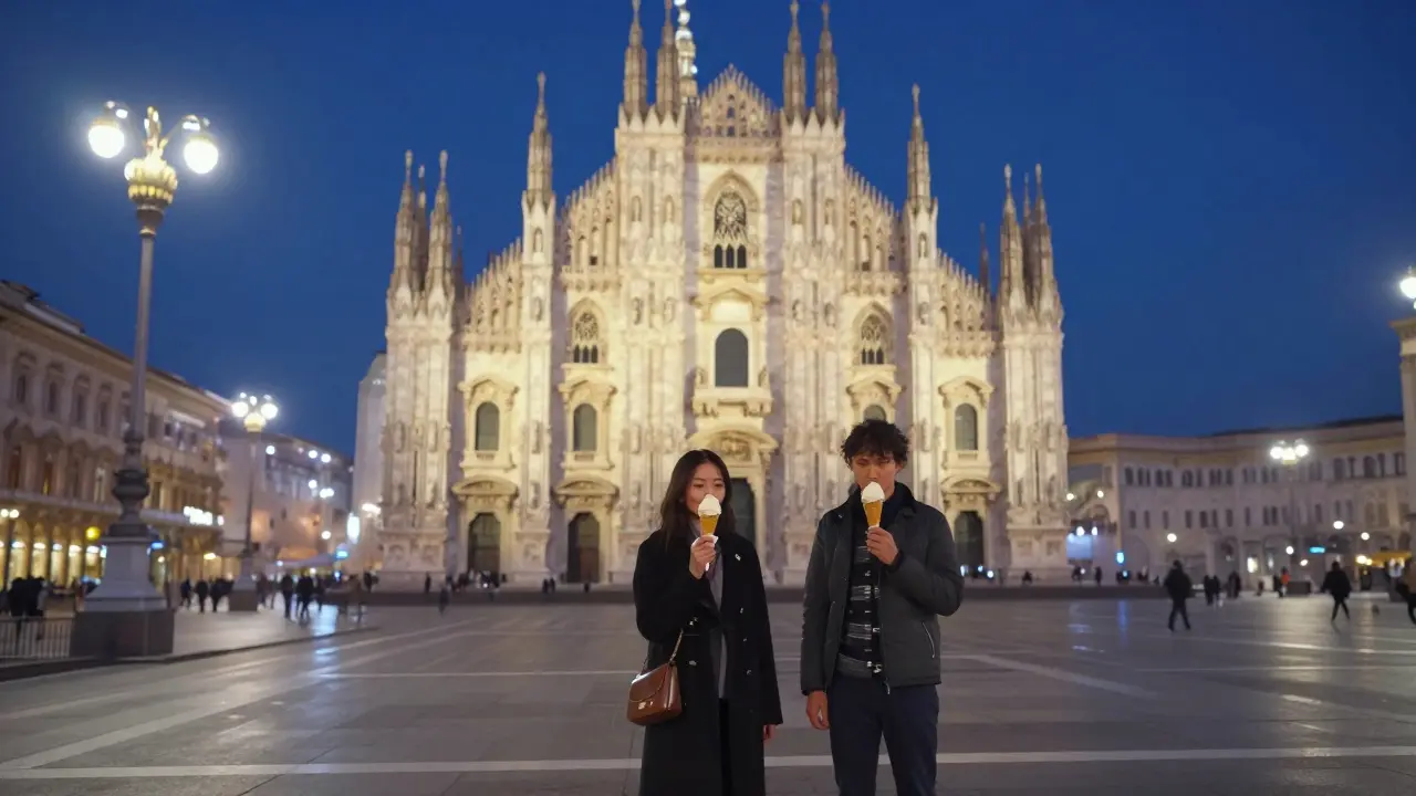 Two people standing silently beneath the Duomo at midnight, holding gelato as the cathedral glows in moonlight.