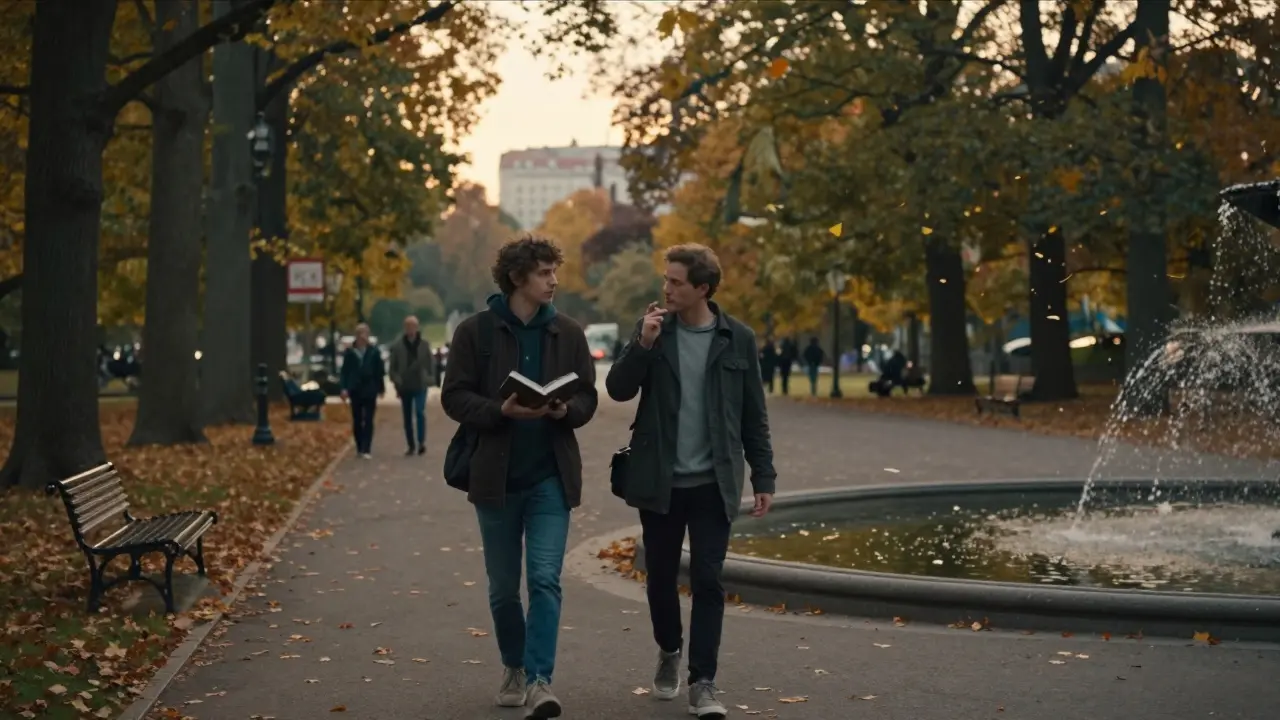Two people stroll through Tiergarten Park at golden hour, surrounded by falling autumn leaves and quiet serenity.