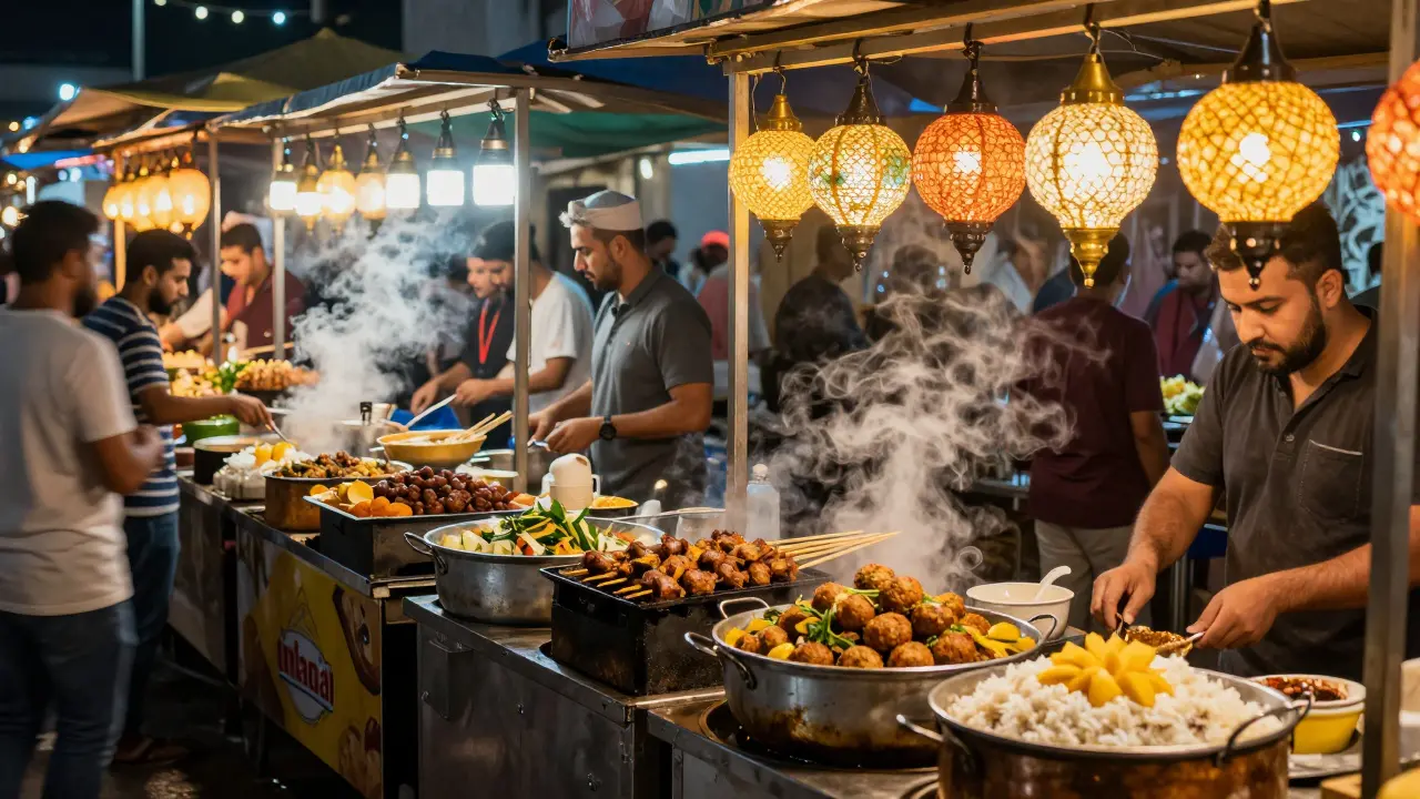 Vibrant night market with food stalls, string lights, and diverse crowds sampling global street food.